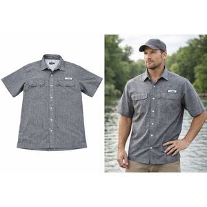 Habit River Guide Fishing Shirt Men L Gray Micro Chip UPF 40 Vented Short Sleeve